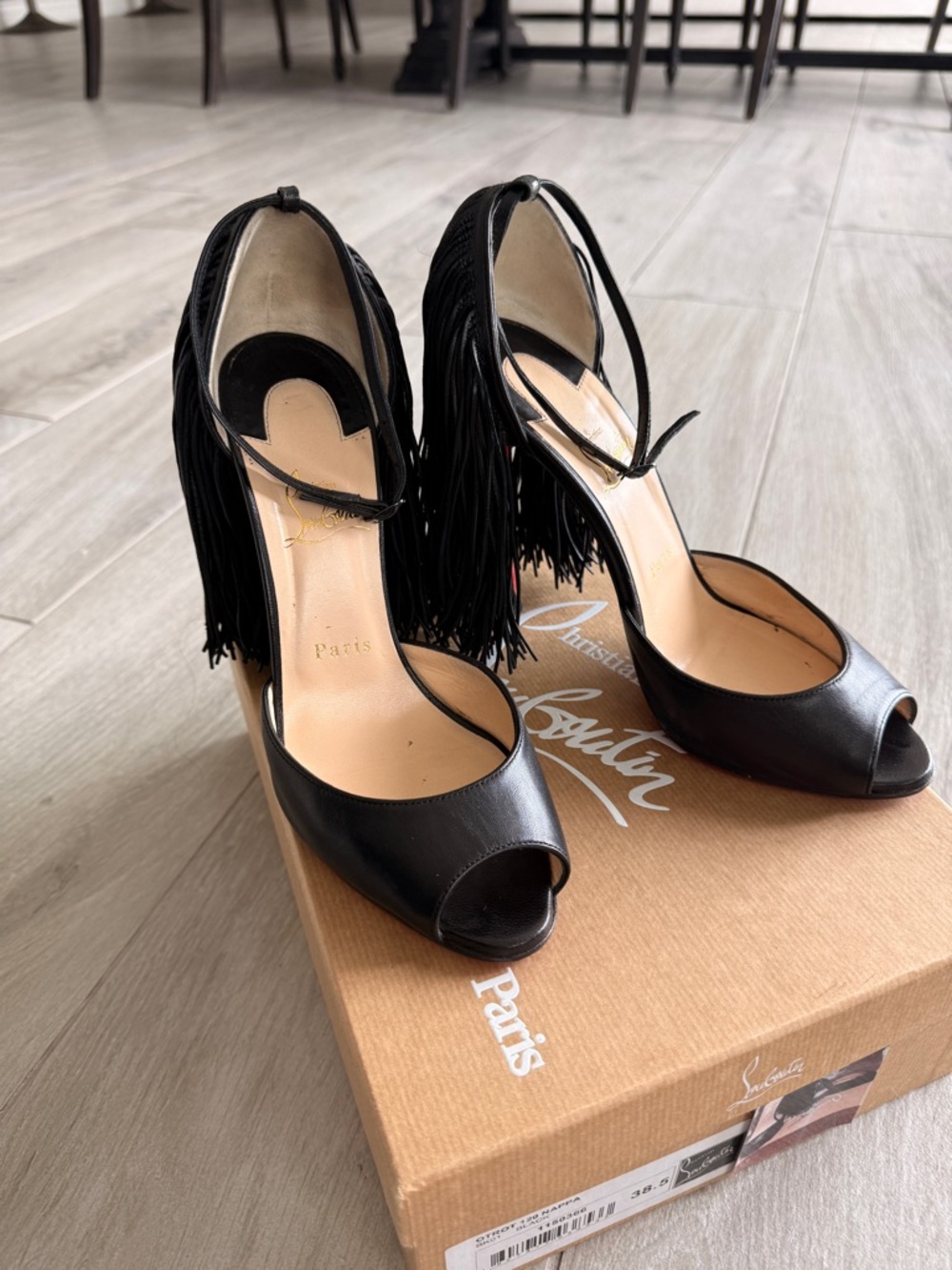 Christian Louboutin Black Leather Fringe Peep-Toe Ankle-Strap Heels